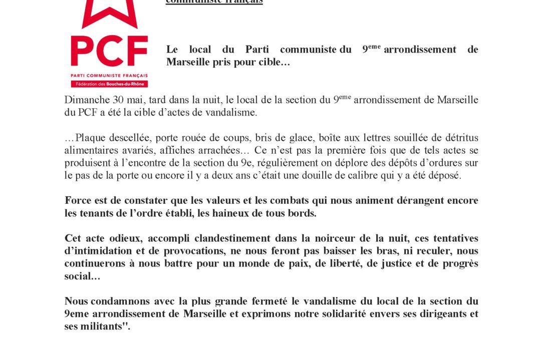 Le local du Parti communiste du 9eme arrondissement de Marseille pris pour cible…